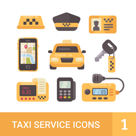 Set of taxi service flat icons. Car, taximeter, radio, mobile app, driver cap.のイラスト素材