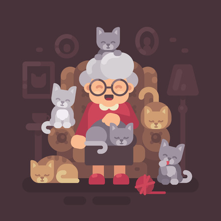 Cute granny sitting in armchair with her cats. Old cat lady with five kittens flat illustrationのイラスト素材