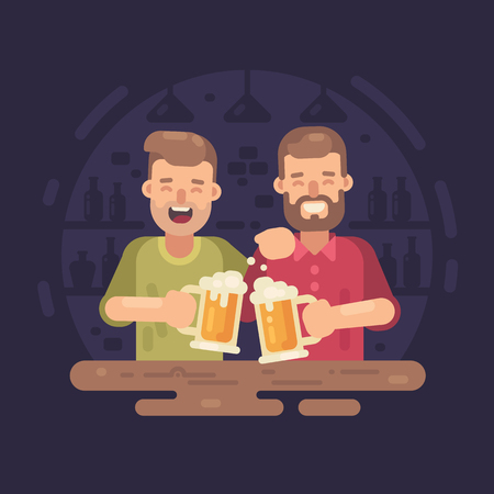 Two happy men drinking beer in a bar flat illustrationのイラスト素材