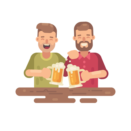 Two happy men drinking beer flat illustration on white backgroundのイラスト素材