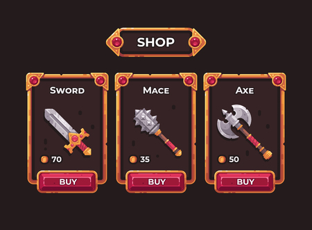 Fantasy game weapon shop concept. Game shop UI frame illustration.のイラスト素材