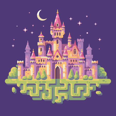 Fairy tale castle night scene flat illustration. Fantasy landscape background.のイラスト素材