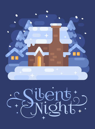 Snowy blue winter village landscape with a house. Silent Night Christmas flat illustrationのイラスト素材