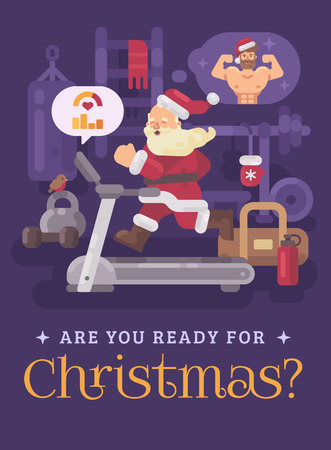 Santa Claus exercising and getting into shape for Christmas. Santa running on a treadmill in a gym dreaming of a strong body. Christmas greeting cardのイラスト素材