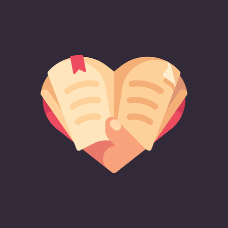 Hand holding a book in the shape of a heart. Love for reading flat illustrationのイラスト素材