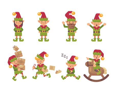 Christmas elves collection. Holiday characters flat illustrationのイラスト素材