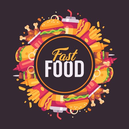 Fast food flat illustration. Delicious food arranged in circleのイラスト素材