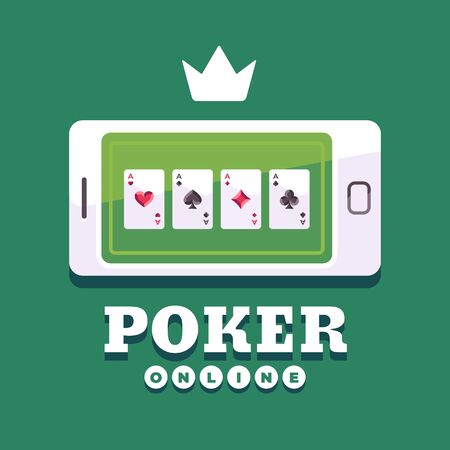 Smartphone with playing cards on screen. Online poker flat illustrationのイラスト素材