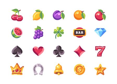 Classic slot machine symbol collection. Casino flat iconsのイラスト素材