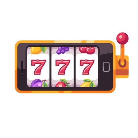 Golden smartphone with a slot machine on screen. Online slot game flat illustrationのイラスト素材