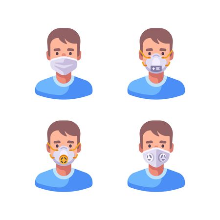 Man in different types of face masks. Medical character set flat illustration. Virus prevention icons.のイラスト素材