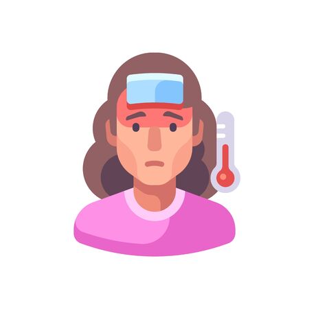 Fever flat illustration. Sick woman with a coldのイラスト素材