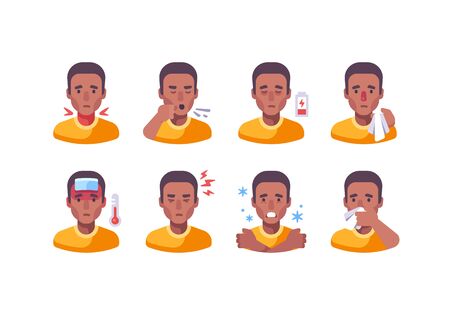 African American man with different flu symptoms. Medical character collection. Coronavirus symptoms icon set.のイラスト素材