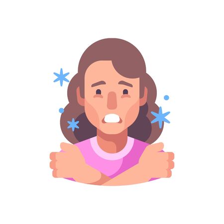 Chills flat illustration. Woman feeling cold and shiveringのイラスト素材