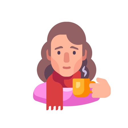 Girl in scarf drinking tea flat illustrationのイラスト素材