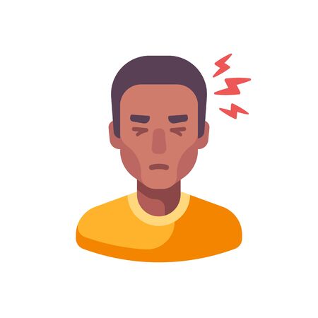 Headache flat illustration. Tired African American man feeling sickのイラスト素材