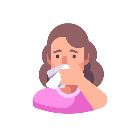 Woman covering his nose and mouth when sneezing. Infection prevention flat illustrationのイラスト素材