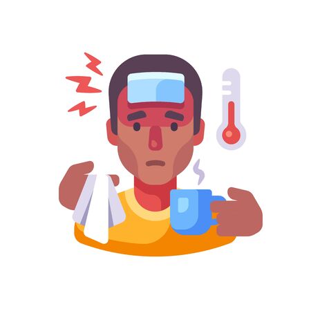 Sick African American man drinking tea flat illustration. Guy having flu symptoms. Infectious disease conceptのイラスト素材