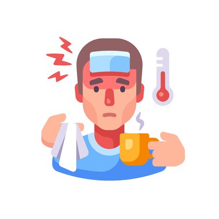 Sick man drinking tea flat illustration. Guy having flu symptoms. Infectious disease concept.のイラスト素材