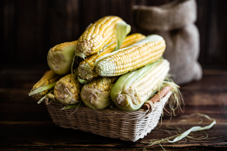 corn cobs in basket on dark wooden tableの写真素材