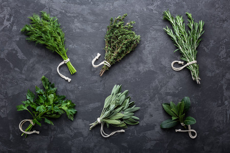 fresh herbs on dark stone backgroundの写真素材