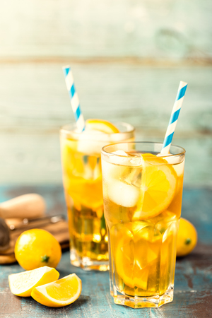 iced sweet tea refreshing cold summer drink or lemonadeの写真素材
