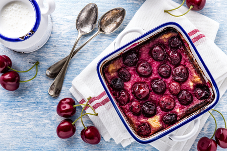 curd casserole with fresh cherry berriesの写真素材