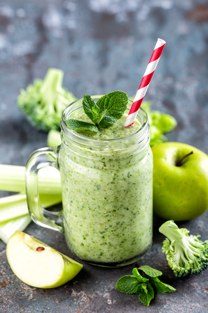 green smoothie with celery, broccoli, apple. healthy diet eating, superfoodの写真素材