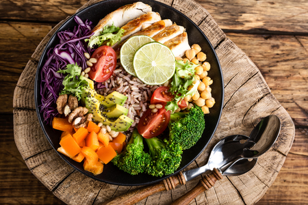 Buddha bowl salad with chicken fillet, brown rice, avocado, pepper, tomato, broccoli, red cabbage, chickpea, fresh lettuce salad, pine nuts and walnuts. healthy food. balanced diet eating. Top viewの写真素材