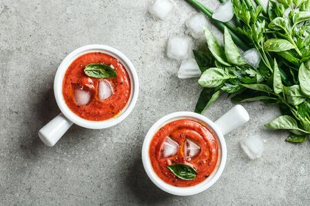Gazpacho soup. Traditional spanish cold tomato soup of fresh raw vegetablesの写真素材
