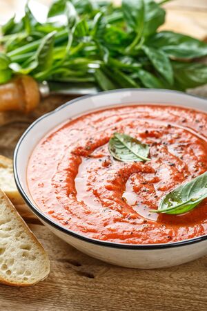 Gazpacho soup. Traditional spanish cold tomato soup of fresh raw vegetablesの写真素材