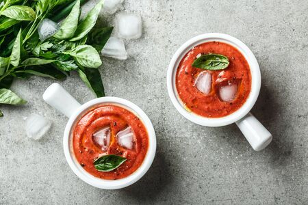 Gazpacho soup. Traditional spanish cold tomato soup of fresh raw vegetablesの写真素材