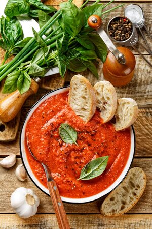 Gazpacho soup. Traditional spanish cold tomato soup of fresh raw vegetablesの写真素材