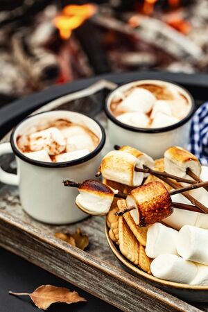 two cup of cocoa or hot chocolate and skewers of roasted marshmallows over campfire. autumn holidays outdoors treatsの写真素材