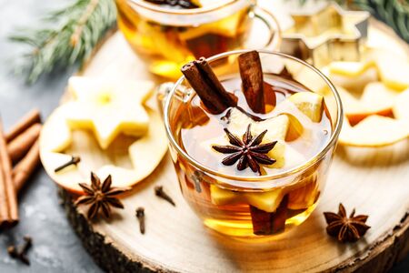 Hot drink for New Year, Christmas or autumn holidays. Mulled cider or spiced tea or mulled white wine with lemon, apples, cinnamon, anise, cloves.の写真素材