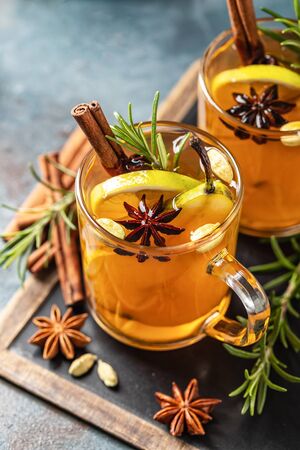 Hot drink cocktail for New Year, Christmas, winter or autumn holidays.
Toddy. Mulled pear cider or spiced tea or grog with lemon, pear, cinnamon, anise, cardamom, rosemary.の写真素材