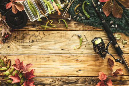 Spinning and silicone baits, and fishing tackles for jigging on a wooden background. Autumn spinning fishing concept.の写真素材
