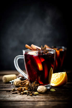 Mulled wine, hot warming drink with spicesの写真素材