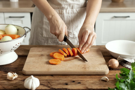 Woman in the kitchen preparing homemade food, female hands working with fresh vegetablesの写真素材