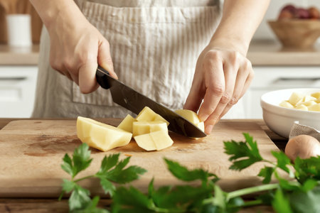 Woman in the kitchen preparing homemade food, female hands working with fresh vegetablesの写真素材