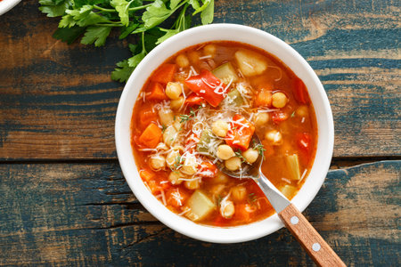 Vegetables soup bowl. Tuscan tomato chickpea soup with various vegetables, thyme and parmesan cheese.の写真素材