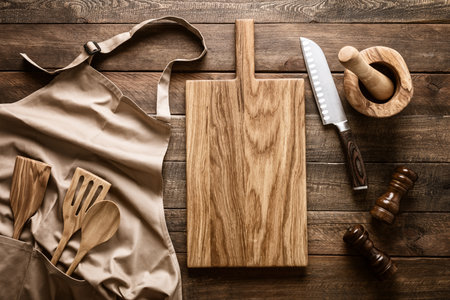 Culinary background, kitchen utensils and apron on kitchen countertop with blank space for any recipe or menu textの写真素材