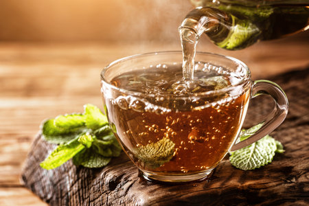 Cup of hot tea with fresh mint leavesの写真素材