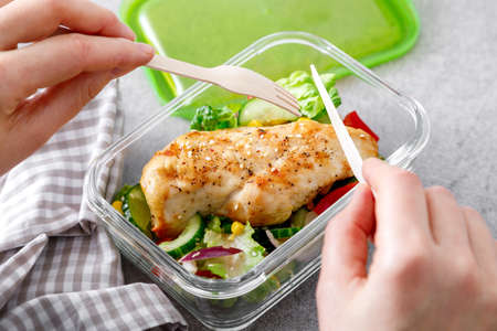 lunch box of vegetable salad with grilled chicken breast
