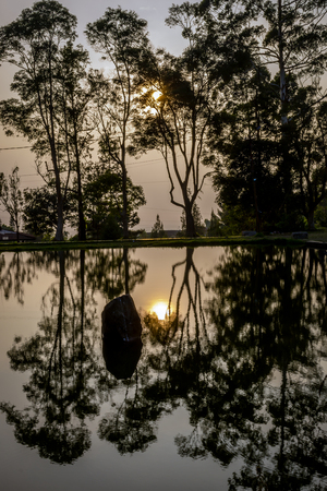 A beatiful reflection of pond at foot of Gede Pangrango Mountain at the morningの写真素材
