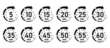 10, 15, 20, 25, 30, 35, 40, 45, 50 min,Timer, clock, stopwatch isolated set iconのイラスト素材