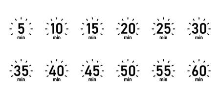 10, 15, 20, 25, 30, 35, 40, 45, 50 min,Timer, clock, isolated set icons vectorのイラスト素材