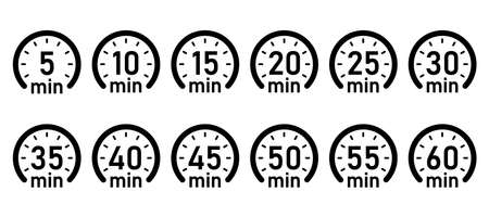 10, 15, 20, 25, 30, 35, 40, 45, 50 min,Timer, clock, isolated set icons vectorのイラスト素材