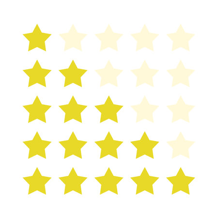 Set of 5 yellow stars on a white background. Five stars rating. vector illustrationのイラスト素材