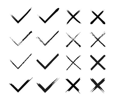 Check and mark vector set. OK and X icons in hand drawn style. YES and NO. vector illustrationのイラスト素材